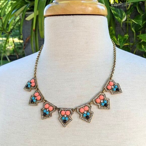 J. Crew antiqued gold tone orange/peach & blue statement necklace, rhinestones - Picture 4 of 11